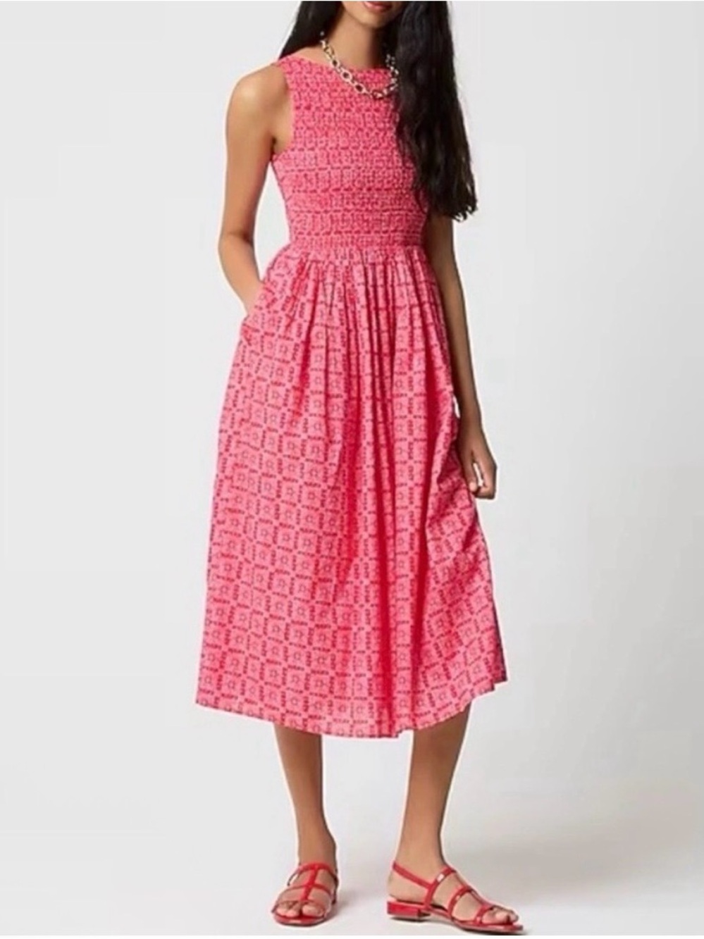 J. Crew NWT Smocked Boat Neck Midi Dress Pockets Sleeveless Red Print Size L NEW